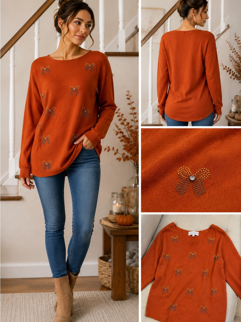 Madeworn? Rust Orange Knit Top with Rhinestone Bow Detail